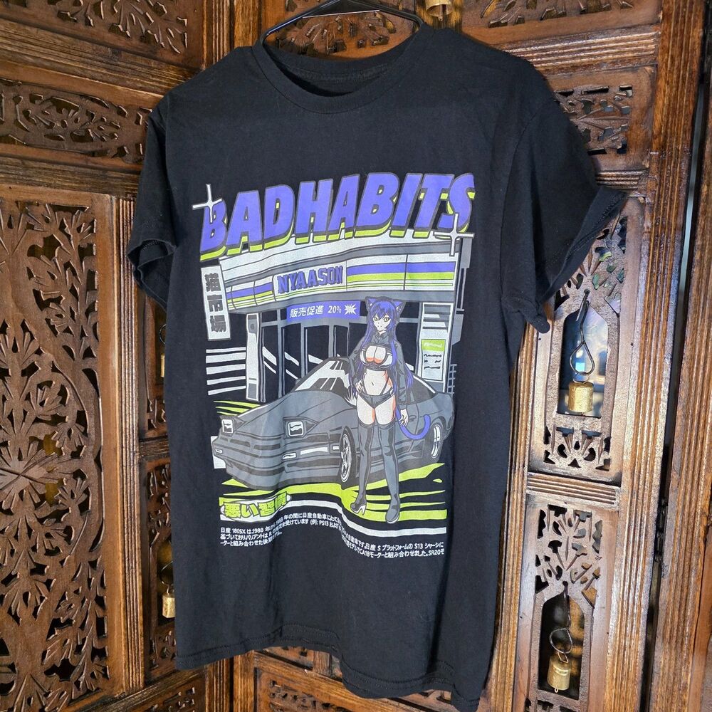 🖤 Nyaason Bad Habits Graphic T‑Shirt Spencer’s Mens Black Cotton Streetwear Tee - Picture 1 of 10